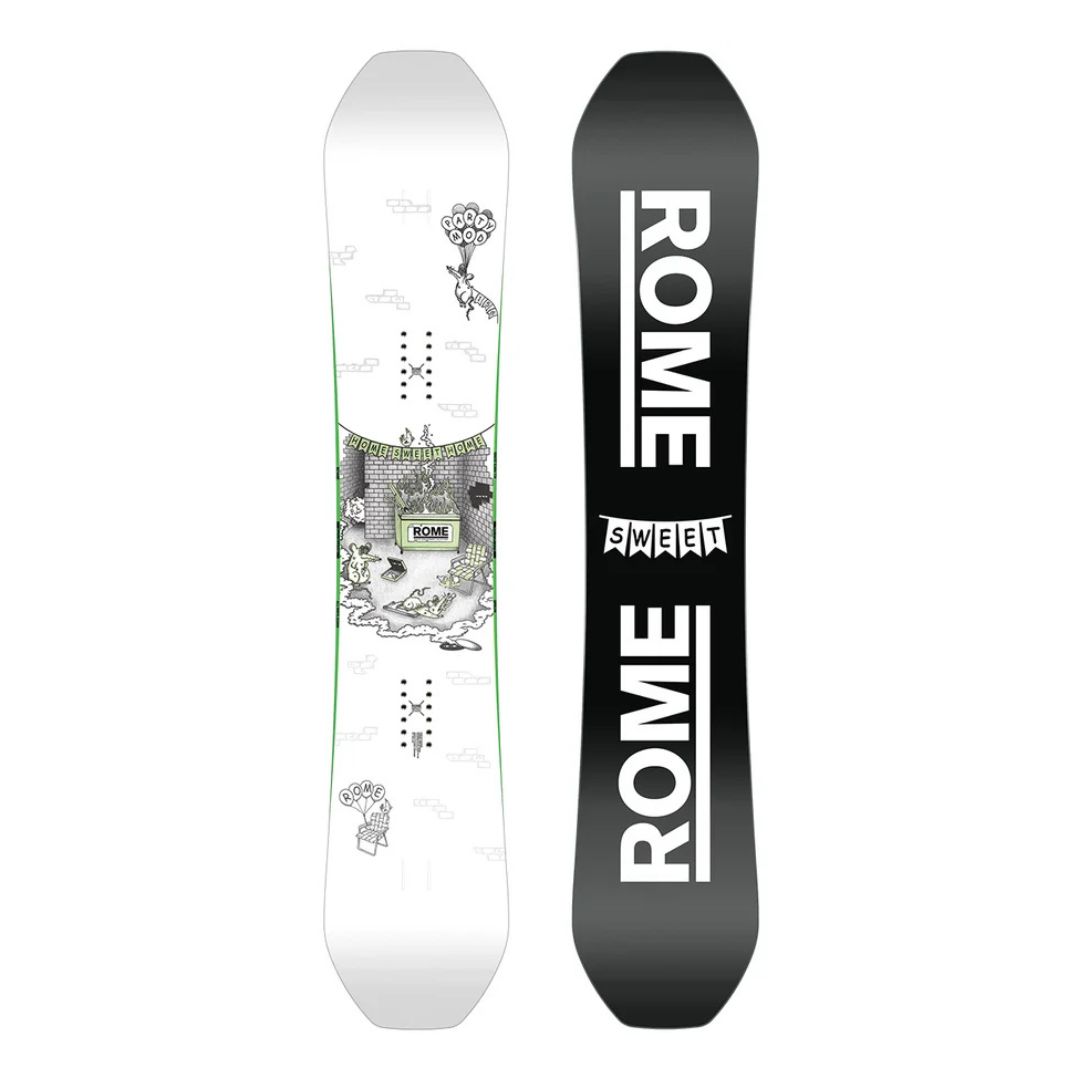 Deux vues du MOD PLANCHE À NEIGE ROME PARTY : la partie supérieure présente un dessin en noir et blanc avec des accents verts et "ROME", tandis que la partie inférieure est noire avec un texte en gras blanc "ROME" et "SWEET".