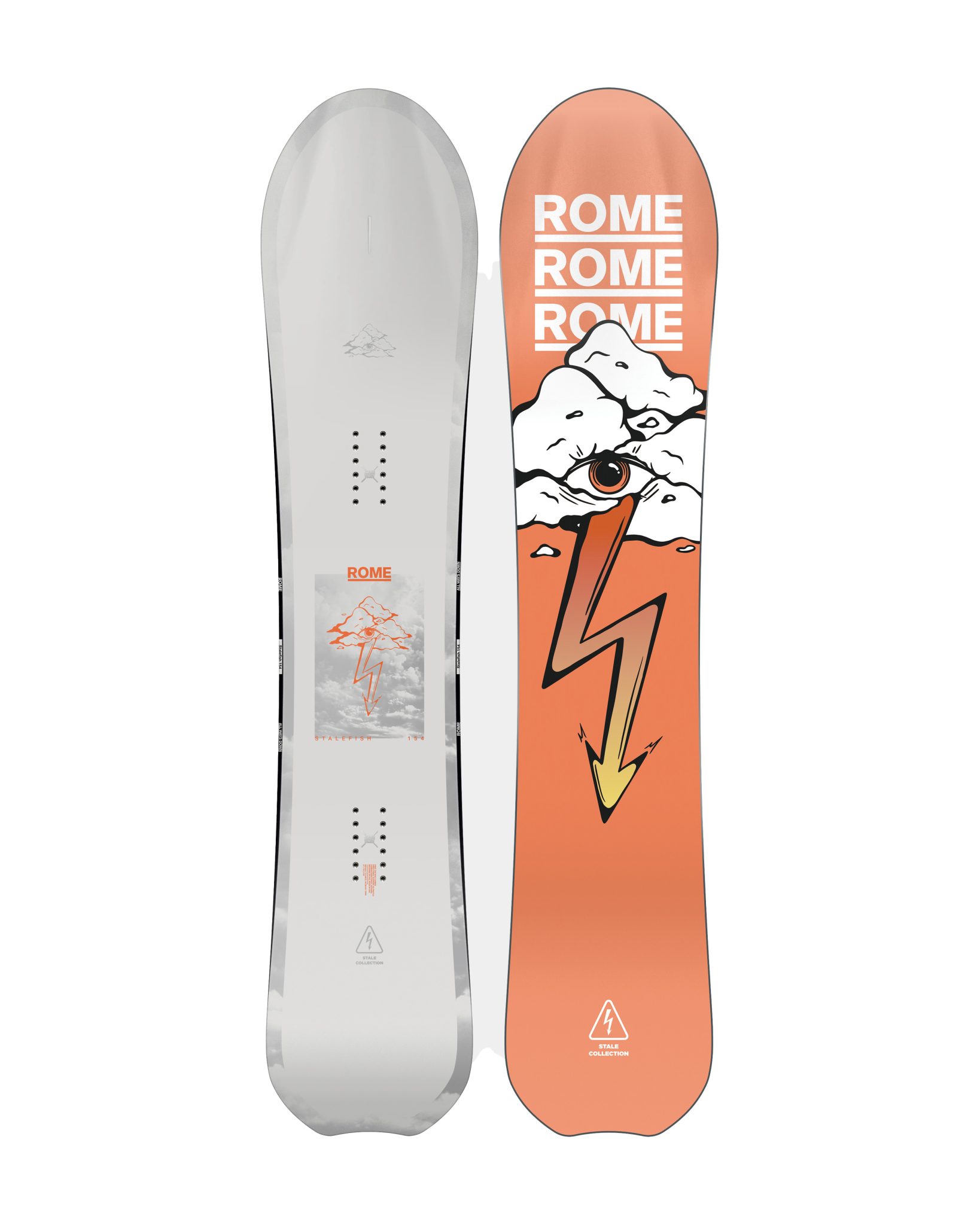 Deux snowboards STALE FISH se tiennent debout. L'avant affiche une montagne orange avec un œil et un éclair, tandis que l'arrière, essentiellement blanc, présente un graphique de montagne minimal et transparent.
