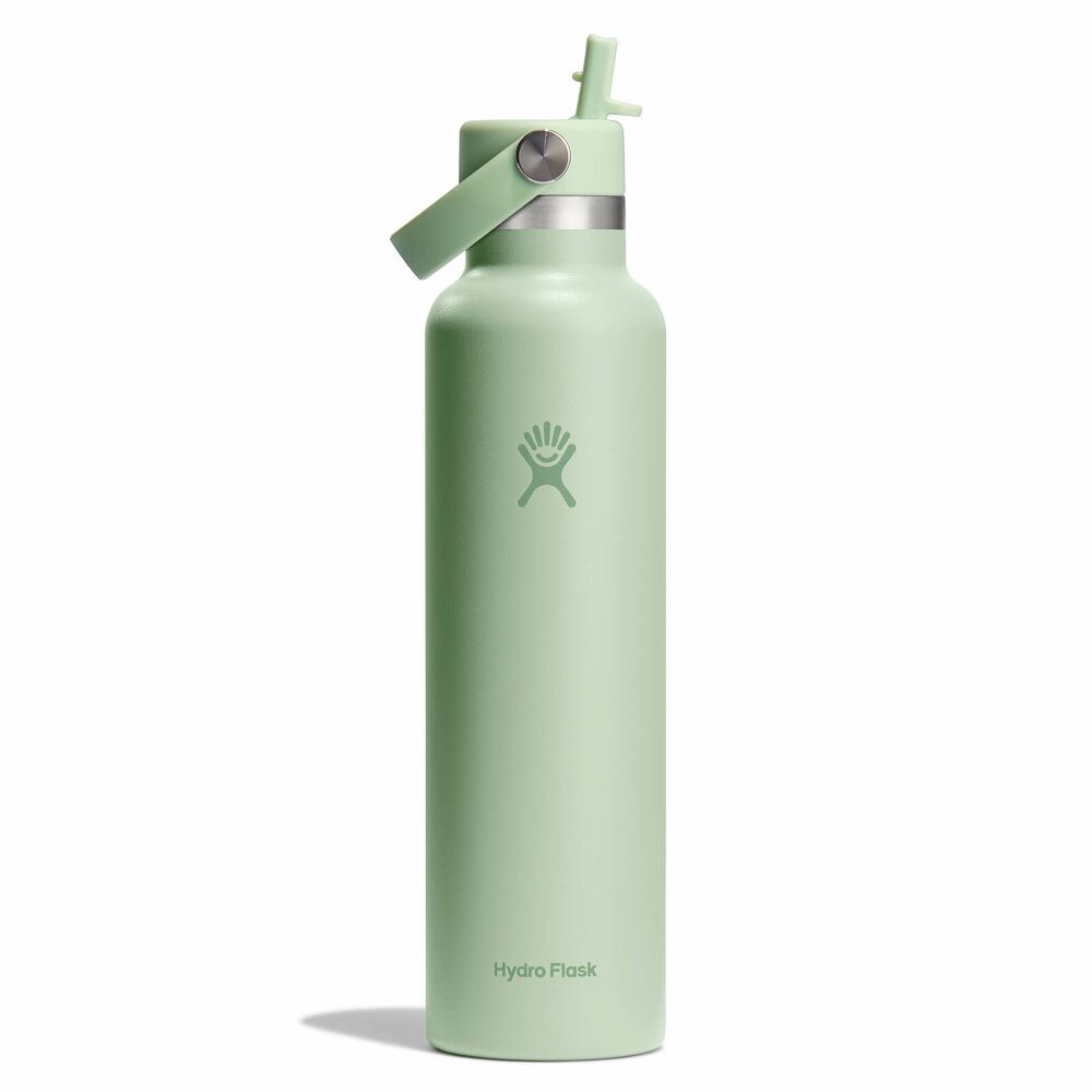 Une bouteille d'eau Hydro Flask vert clair avec un couvercle à paille et une poignée, représentée debout sur un fond blanc.