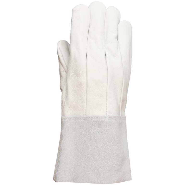 Le GANT DE SOUDURE AKKA S9TGG TIG-MIG, gant de travail en cuir de chèvre blanc à manchette longue et épaisse, est présenté à la verticale sur un fond blanc uni.