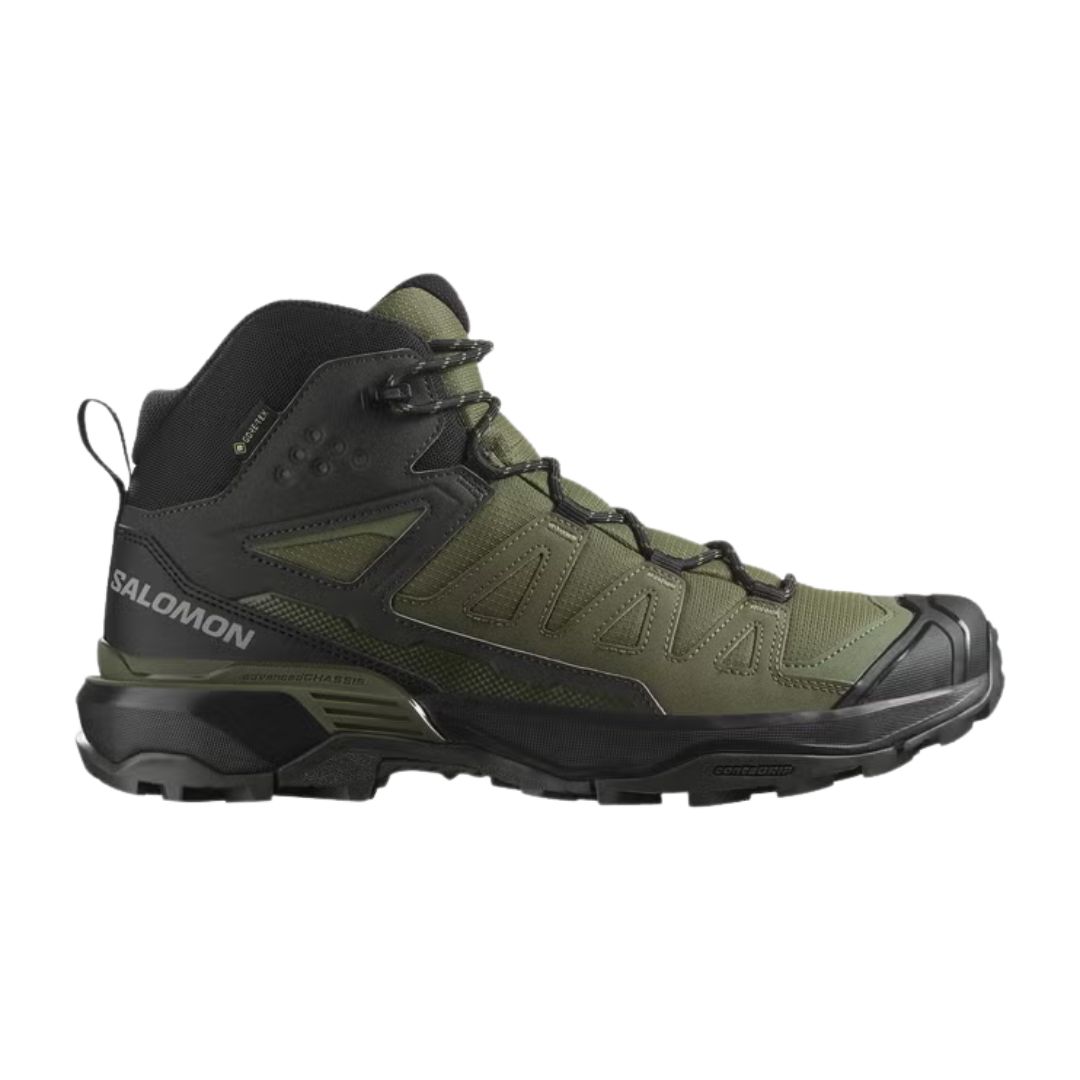 La chaussure de randonnée X ULTRA 360 MID GTX présente un design vert olive et noir avec une semelle robuste, un support pour la cheville, une fermeture à lacets et la marque "Salomon" sur le talon. Construite avec des matériaux durables, elle est idéale pour les aventures en plein air.
