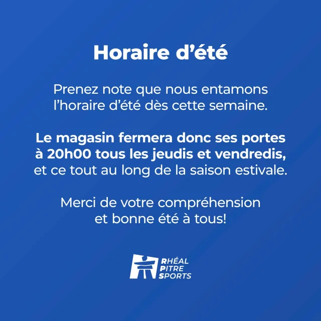 📅 𝗖𝗛𝗔𝗡𝗚𝗘𝗠𝗘𝗡𝗧 𝗗'𝗛𝗢𝗥𝗔𝗜𝗥𝗘 ☀️

Prenez note que nous entamons l’horaire d’été dès cette semaine.

Le magasin fermera donc ses portes à 20h00 tous les jeudis et vendredis, et ce tout au long de la saison estivale.

Merci de votre compréhension et bonne été à tous!