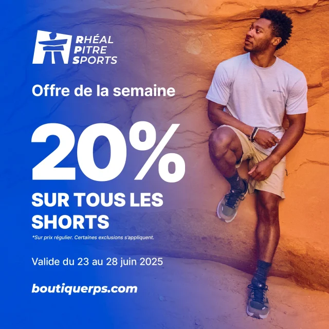 ☀️ 𝗣𝗥𝗢𝗠𝗢 𝗦𝗛𝗢𝗥𝗧𝗦 🩳

Du 23 au 28 juin, profitez de 20% de réduction sur les tous les shorts pour homme, femme et enfant à prix régulier.

Offre valide en ligne et en magasin!
→ (Linktree en bio)