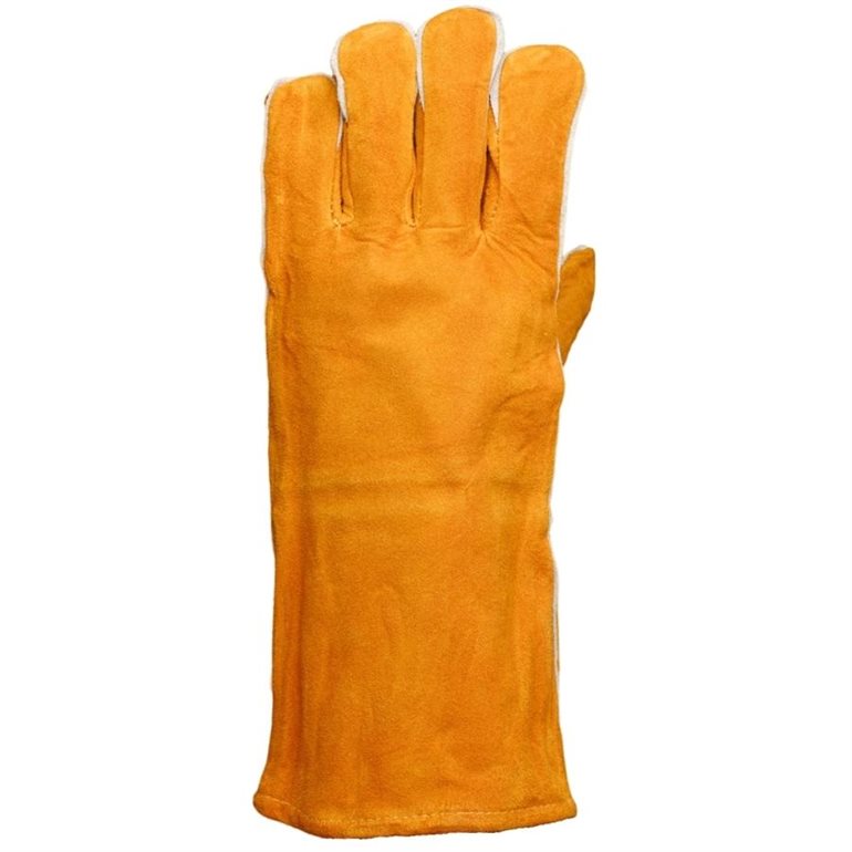 Le GANT DE SOUDURE 14" AKKA DOUBLURE COTTON est un long gant de protection orange en tissu épais doublé de coton, idéal pour la soudure et la manipulation d'objets chauds. Représenté debout, les doigts vers le haut.