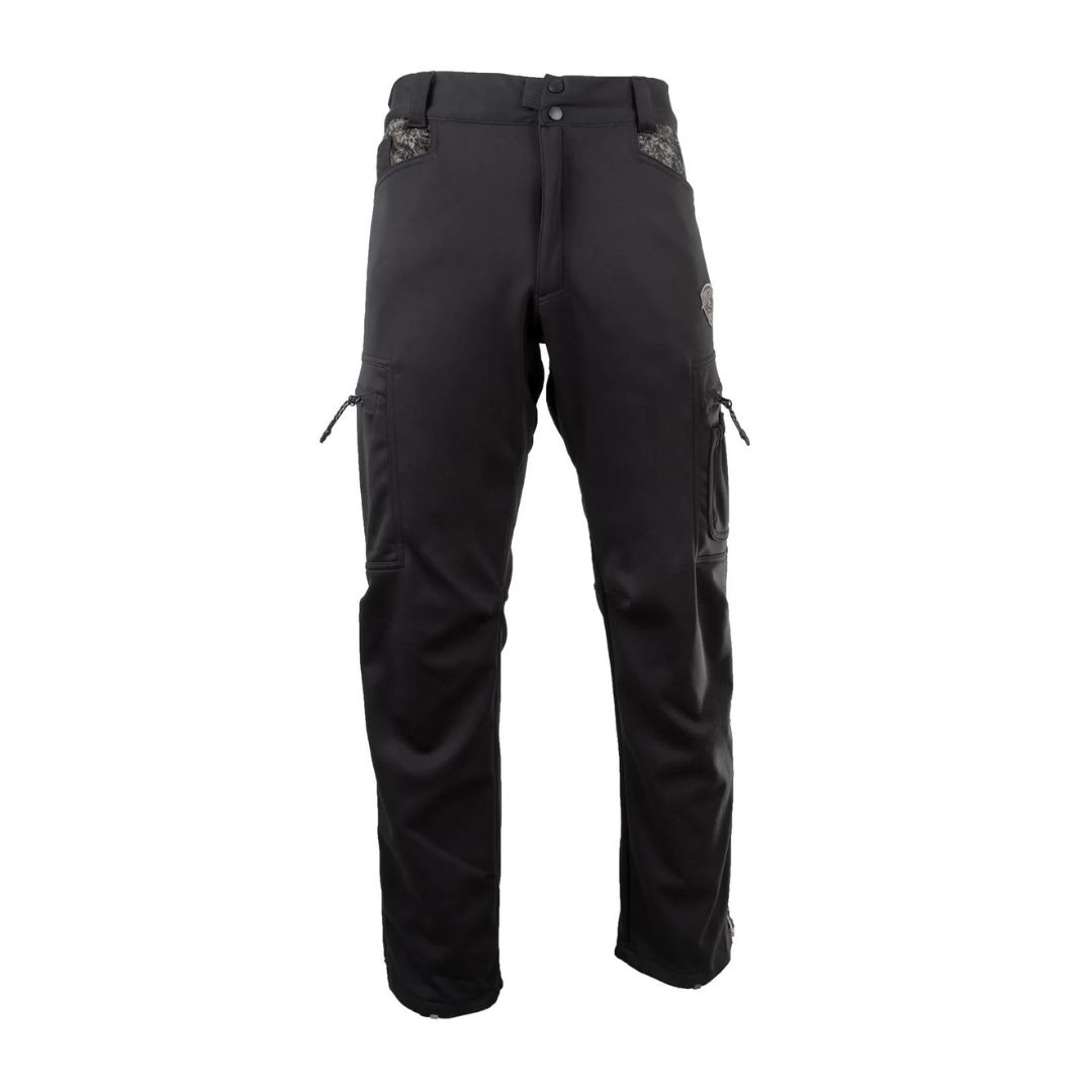 Pantalon d'extérieur noir avec plusieurs poches zippées sur les côtés, zones renforcées au niveau des genoux et ceinture boutonnée. Le pantalon a une coupe droite et semble être fabriqué dans un tissu durable et résistant aux intempéries.