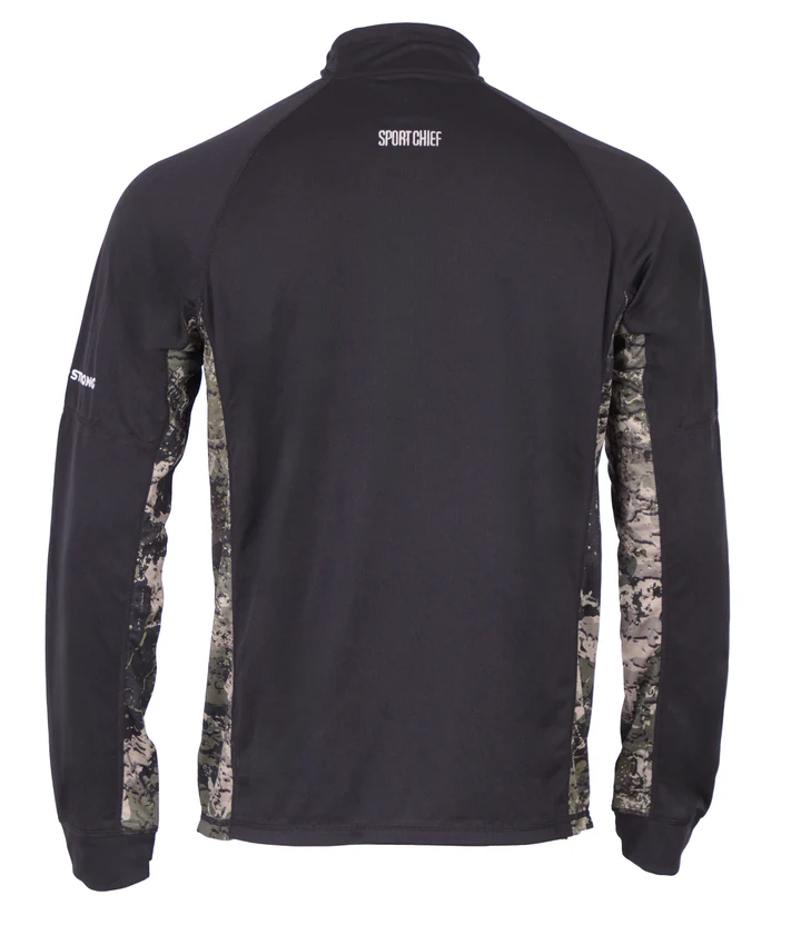 Une veste à manches longues est présentée de dos. La veste est principalement noire avec des empiècements latéraux et des manches à motif camouflage. Le nom de la marque « Sport Chief » est imprimé en petites lettres blanches près du haut du dos.