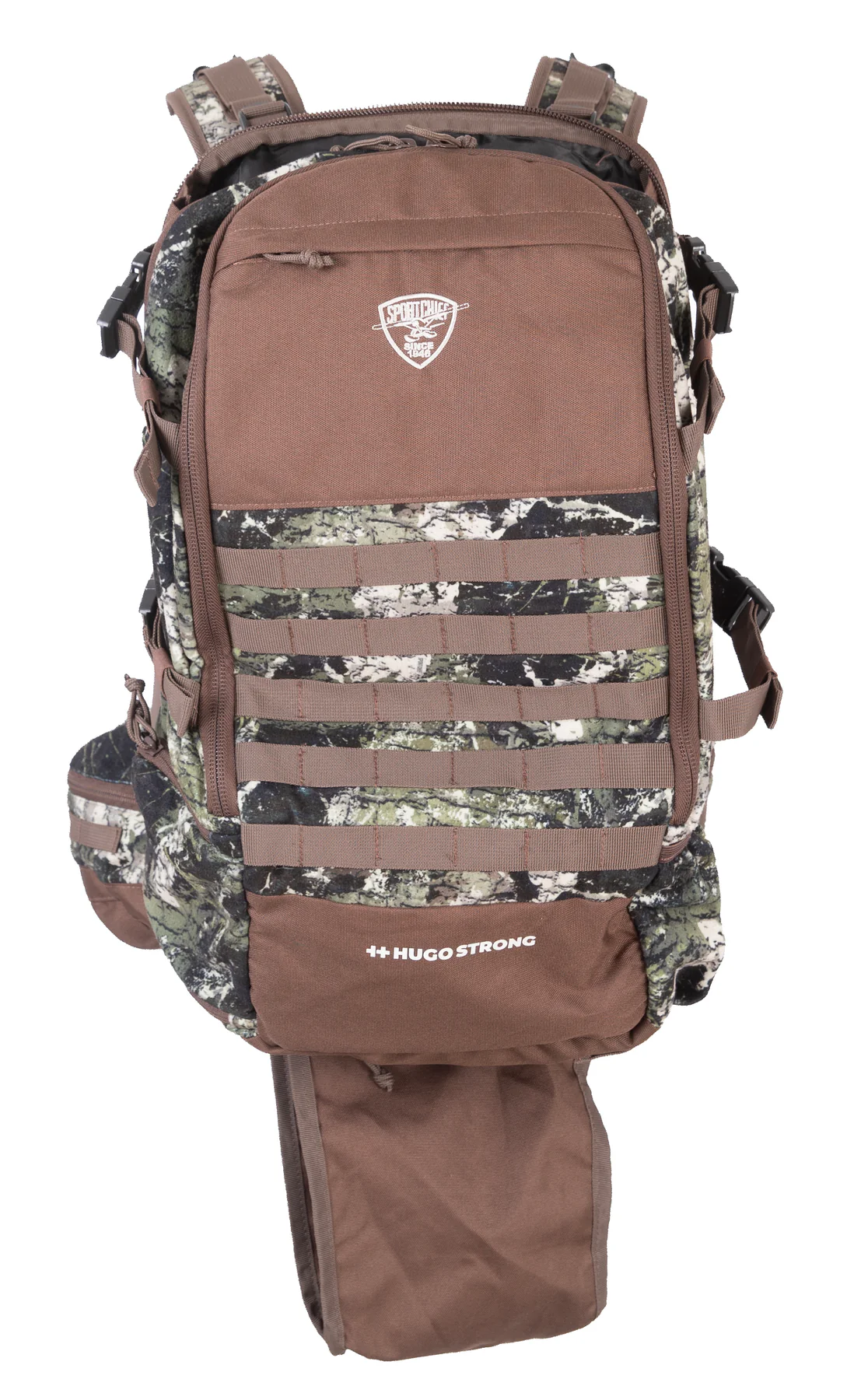 Un sac à dos d'extérieur marron et camouflage avec plusieurs compartiments et sangles. Le sac porte un logo sur le dessus indiquant « Sportsman's Outdoor » et « Hugostrong » imprimé en bas. Le sac à dos est doté d'une sangle MOLLE et d'une pochette déroulante.