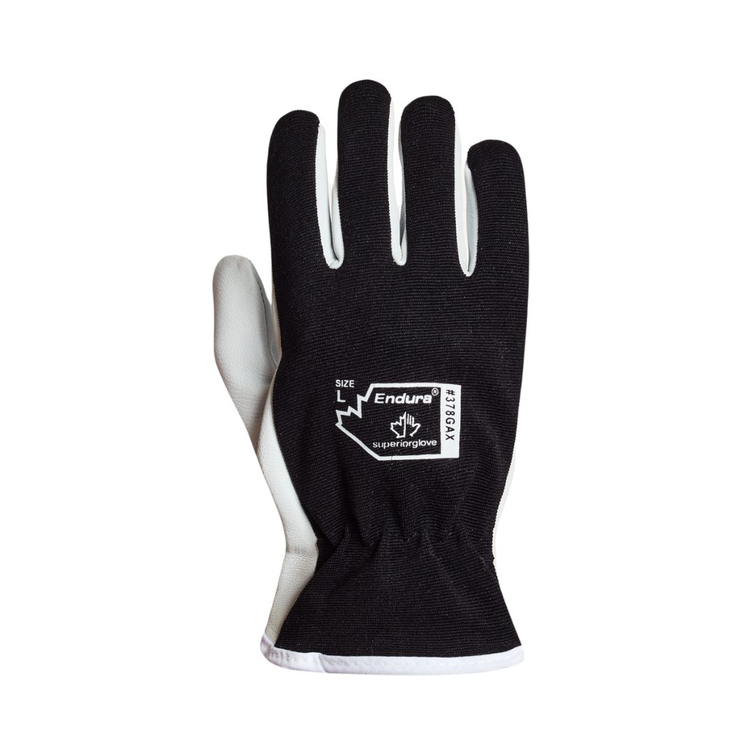 Un seul gant de travail de protection noir et blanc avec la marque « Endura » et des symboles de sécurité sur le dos de la main, affiché paume vers le bas sur un fond blanc.