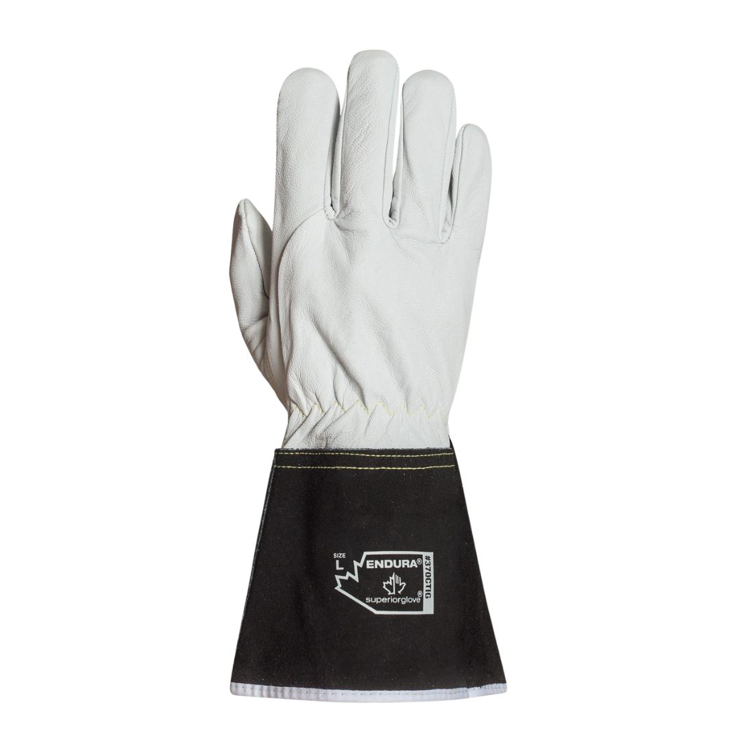 Gant de travail en cuir blanc avec manchette noire extra-longue, orné des logos Endura et SuperGlove, ainsi que des symboles de danger électrique. Ce gant est conçu pour la sécurité et la protection.