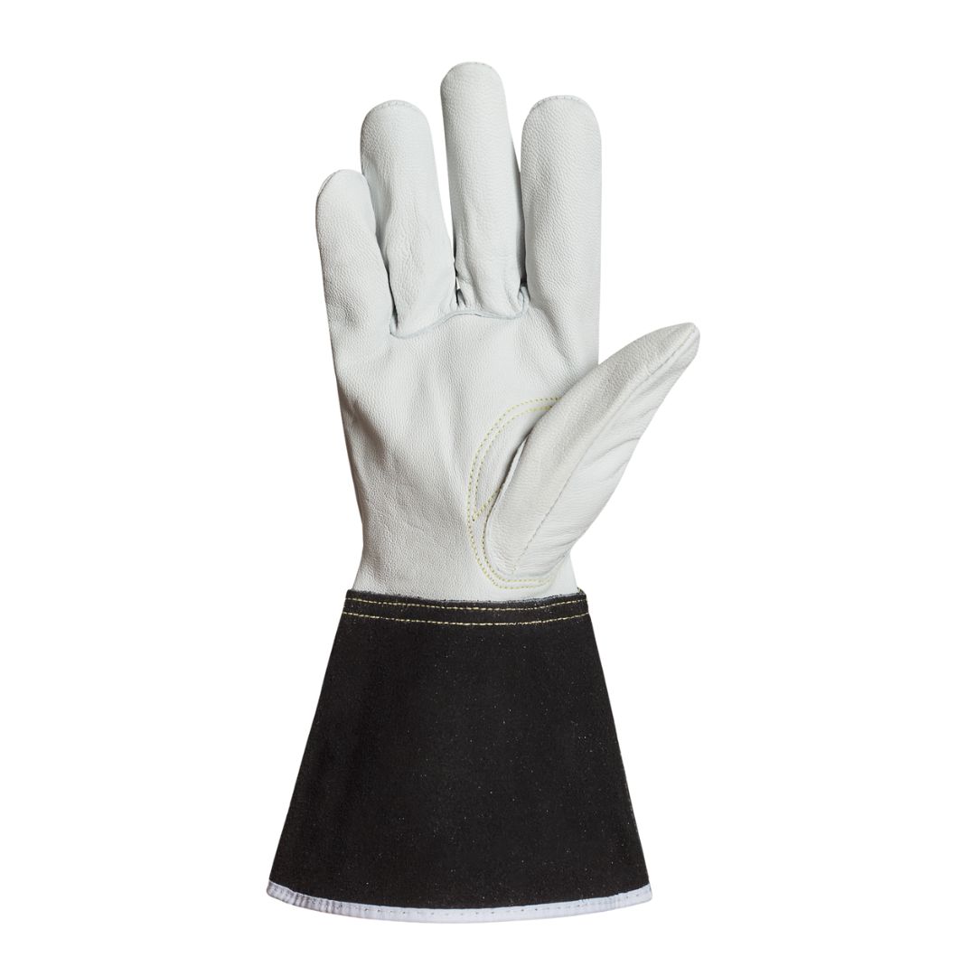 Un seul gant de travail blanc avec une manchette noire allongée, représenté debout avec la paume tournée vers l'avant, isolé sur un fond blanc.