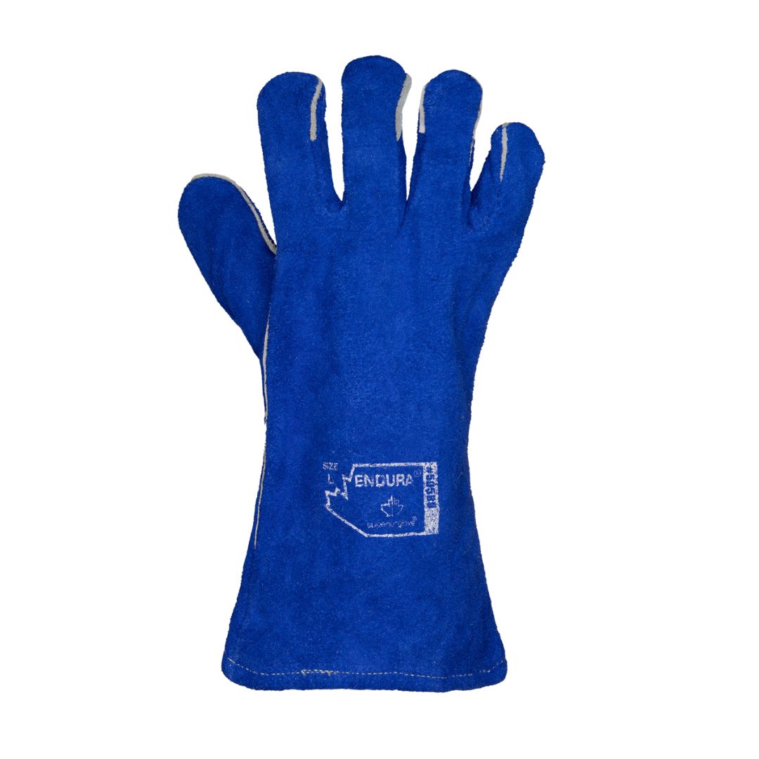 Un gant de travail bleu avec doublure blanche, orné du mot « ENDURA » et d'un logo imprimés en blanc au dos. Le gant est présenté paume vers le bas sur un fond blanc uni.