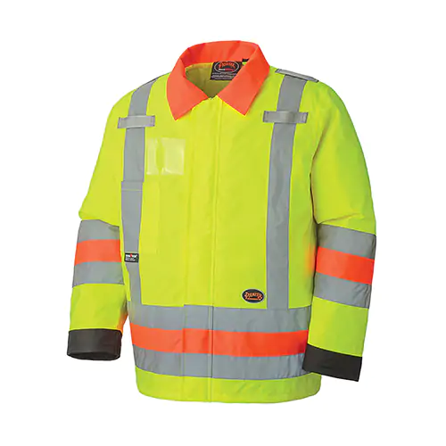 Veste jaune haute visibilité avec bandes réfléchissantes argentées et orange, manches longues, poignets noirs et col. Cette veste semble conçue pour la sécurité ou les travaux de construction.