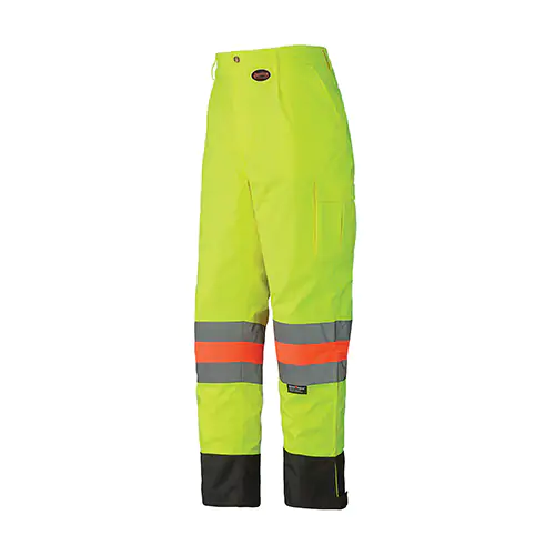 Pantalon de travail jaune haute visibilité avec bandes réfléchissantes grises et orange autour des jambes et poignets noirs en bas, conçu pour la sécurité dans des conditions de faible luminosité.