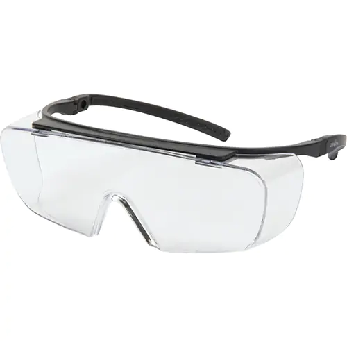 Lunettes de sécurité transparentes avec branches noires, dotées d'une conception enveloppante pour une protection complète des yeux.