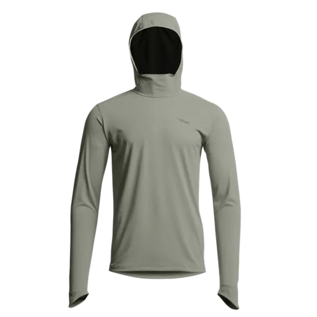 Le sweat à capuche RADIANT SUN, un modèle à coupe ajustée, gris clair, à manches longues et doté de passe-pouces, est présenté sur fond blanc. La capuche recouvre entièrement le sommet de la tête et la nuque.