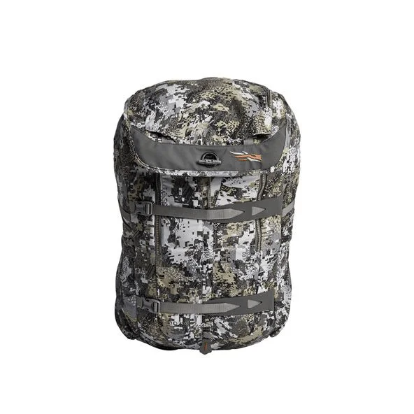 Sac à dos de randonnée camouflage avec imprimé numérique gris et vert. Le sac à dos est doté de plusieurs sangles, boucles et compartiments, idéaux pour les activités de plein air. Fabriqué avec un matériau durable, il semble spacieux et conçu pour la fonctionnalité et le confort dans des environnements difficiles.