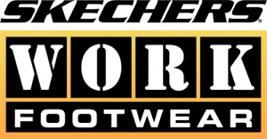 Logo comportant les mots "WORK" en caractères blancs gras sur fond noir, au-dessus du mot "FOOTWEAR" en caractères blancs plus petits à l'intérieur d'un rectangle noir, le tout sur un fond dégradé jaune-orange.