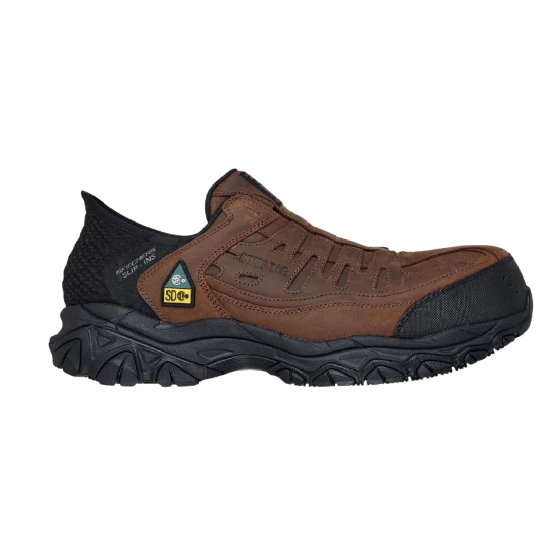 CHAUSSURE DE TRAVAIL SLIP-INS SKECHERS WORK : HOLDREDGE - RYKER CSA POUR HOMME chaussure de travail à enfiler, dotée d'une semelle robuste, d'un embout de sécurité en composite et d'étiquettes latérales pour la protection contre les risques électriques et la classification SD 05.