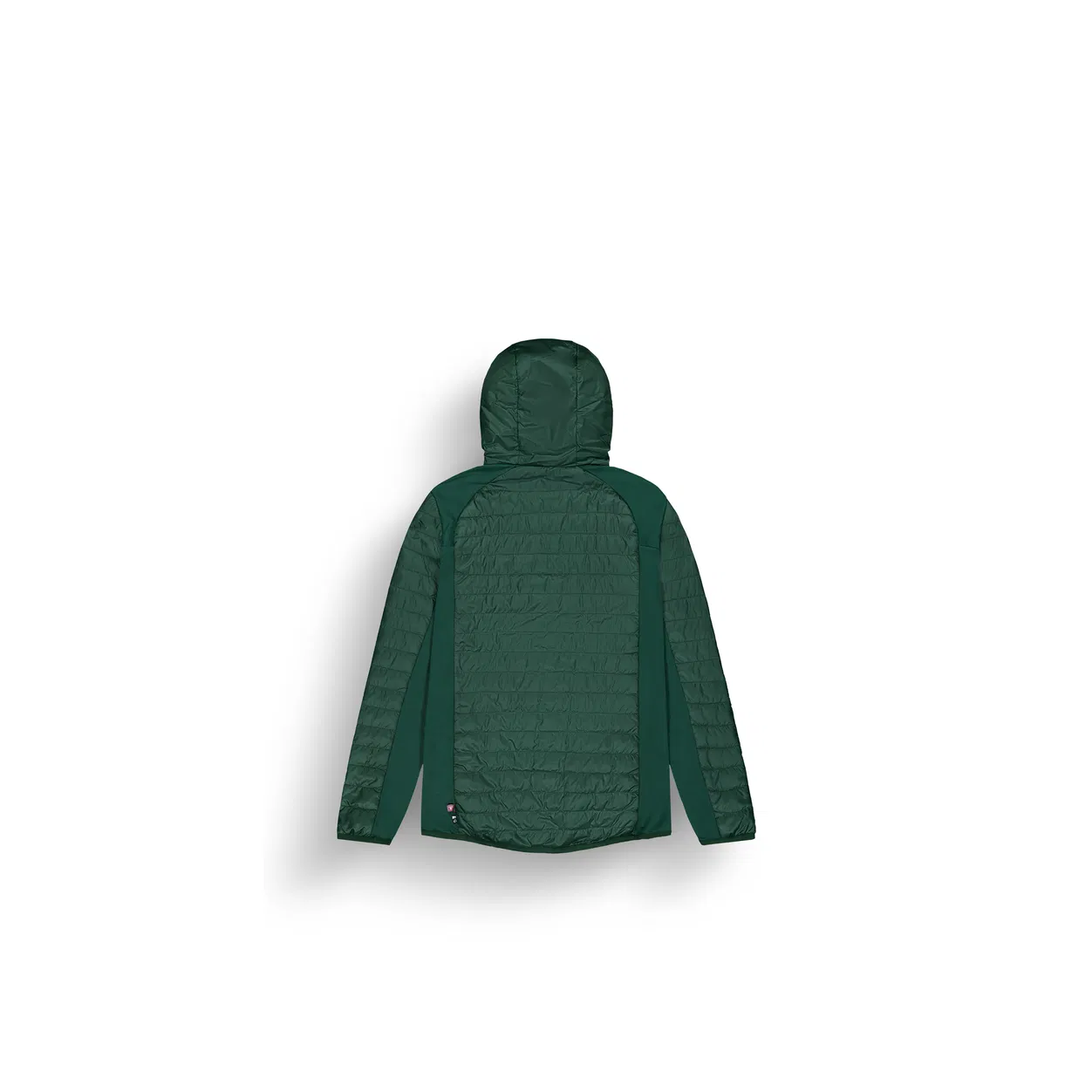 Veste à capuche verte présentée dos tourné vers le spectateur, avec détails matelassés et empiècements en tissu lisse sur les épaules et les côtés. La veste a des manches longues et un ourlet incurvé, sur fond blanc uni.