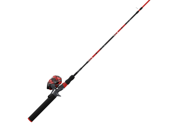 Un ensemble « SPLASH RED 6'0" Medium Spincast », au design épuré noir et rouge, comprenant un moulinet assorti et une poignée confortable en mousse, est présenté sur un fond blanc uni.