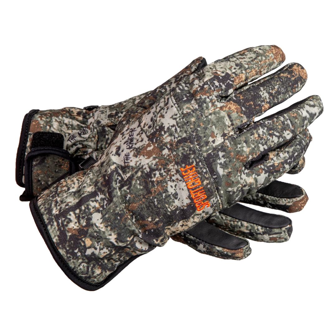 Une paire de gants à motif camouflage avec la marque orange "SPARTAN GEAR" au dos, se chevauchant sur un fond blanc.