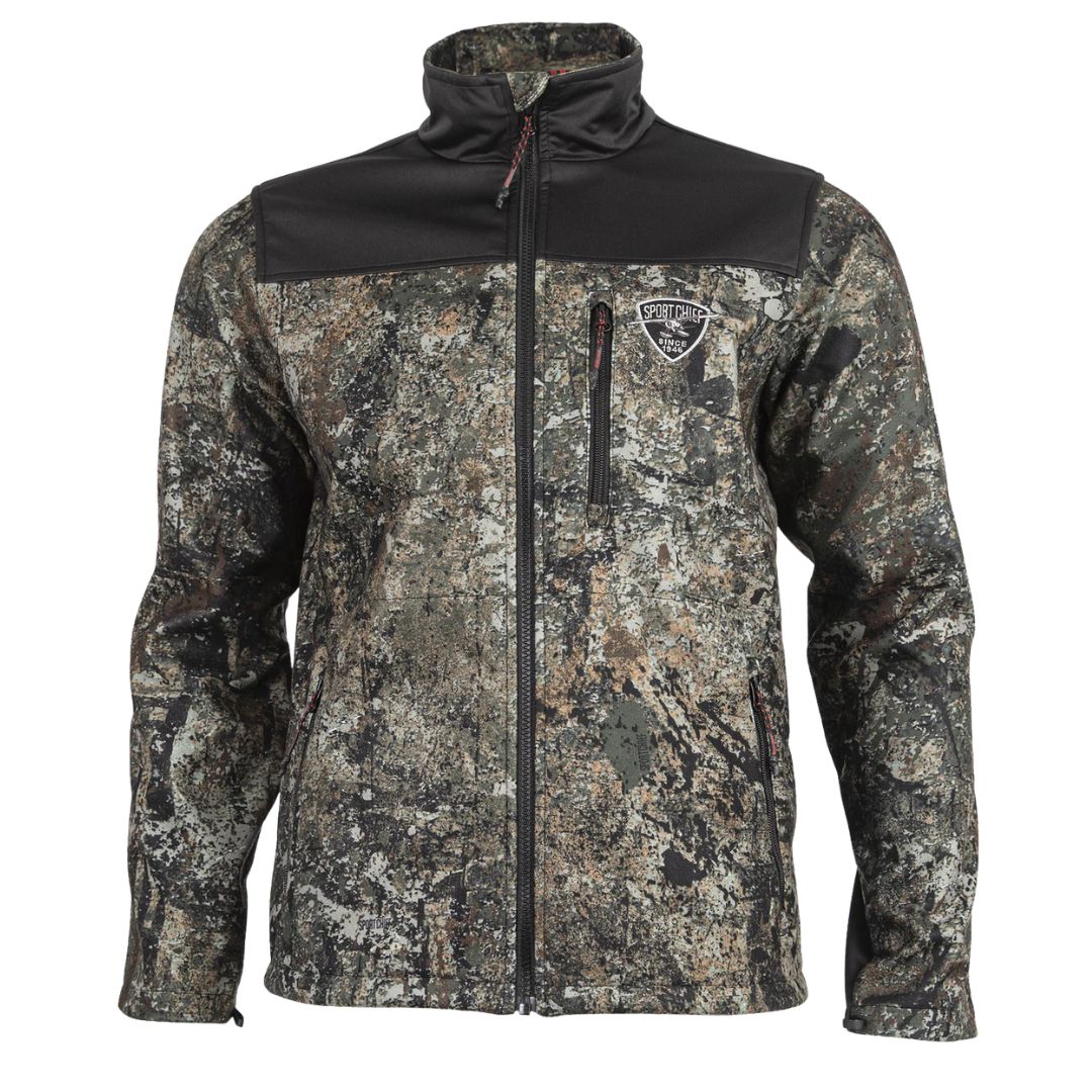 Veste zippée à motif camouflage avec col montant, empiècements noirs sur les épaules, poche zippée sur la poitrine et petit logo plaqué sur la poitrine gauche. La veste est dotée de deux poches latérales et d'un design extérieur robuste.