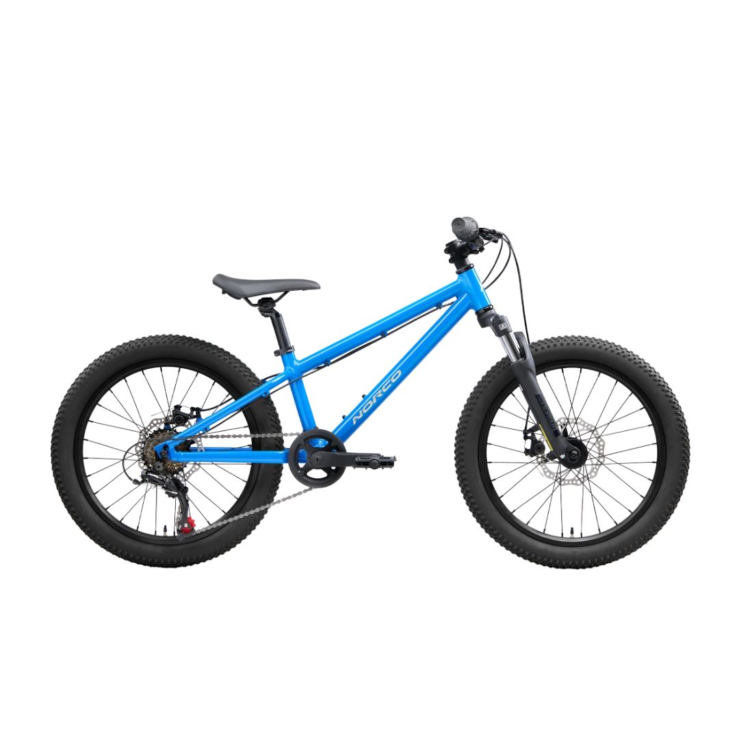 Le VÉLO DE MONTAGNE NORCO STORM YOUTH 20" POUR JUNIOR est un VTT bleu pour enfants, avec des pneus noirs, une selle noire et une fourche suspendue à l'avant, présenté de côté sur un fond blanc.