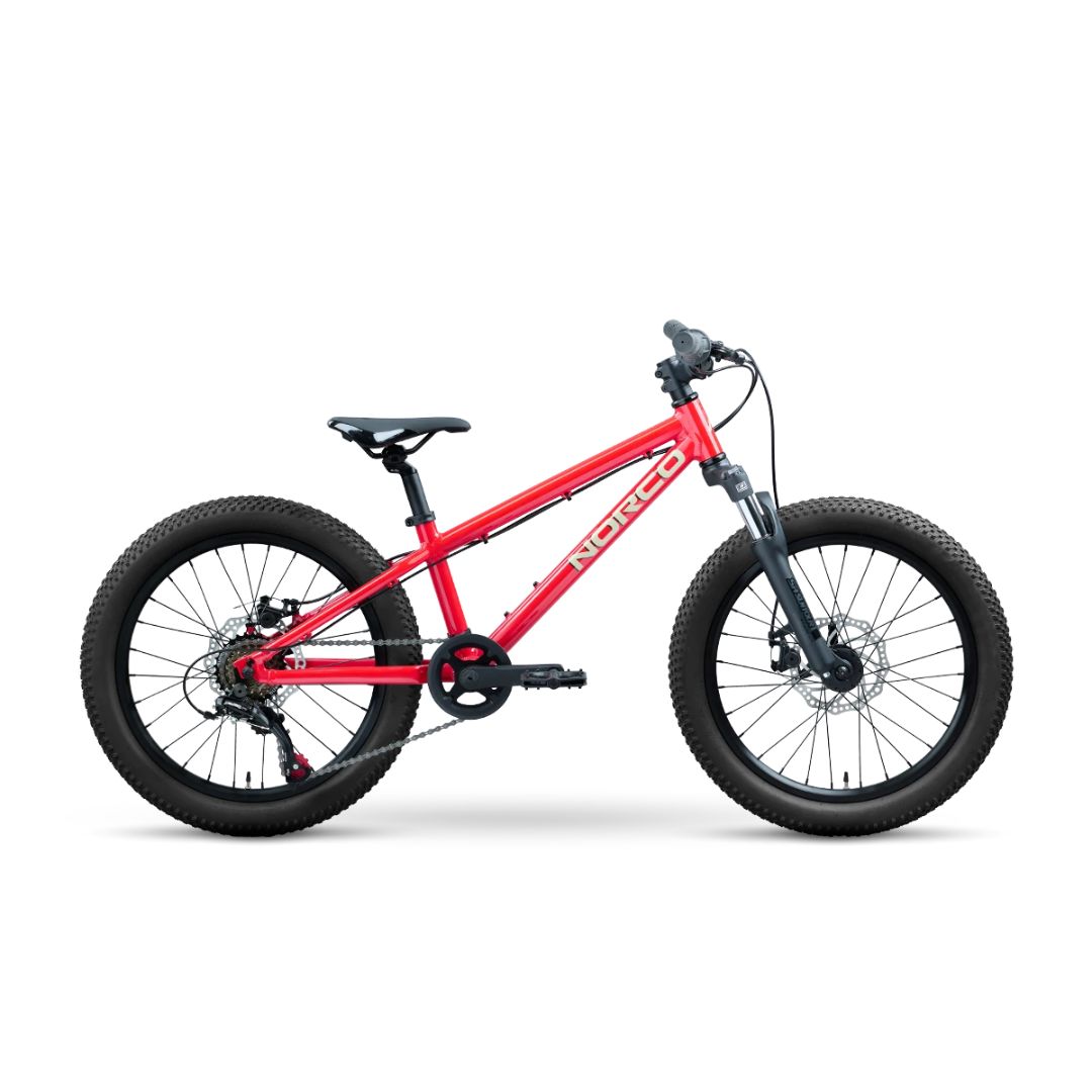 Le VTT STORM S20 RED est représenté de profil sur fond blanc, avec des pneus noirs, une selle noire, un guidon noir, un cadre robuste et une fourche à suspension avant.