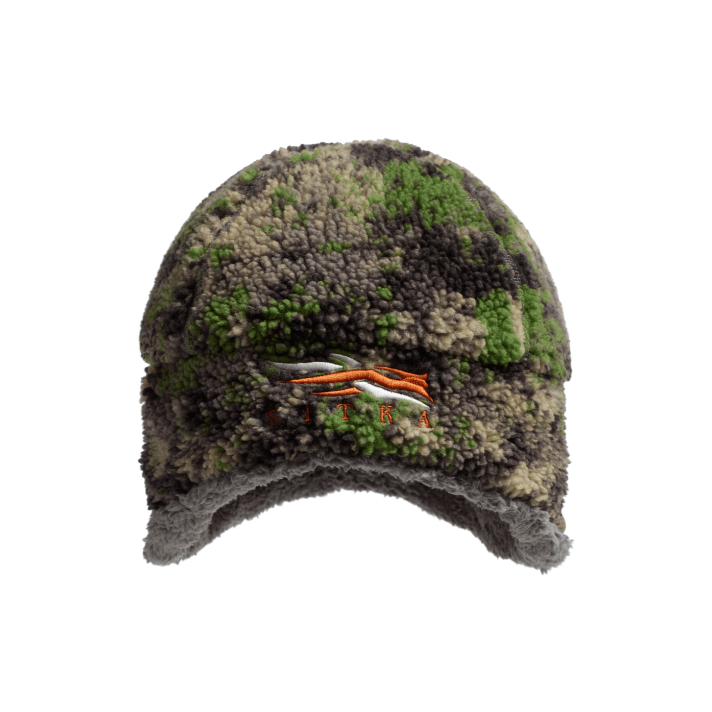 Le bonnet FANATIC WS BEANIE présente un motif camouflage à la texture douce et duveteuse, rehaussé d'une bordure grise et d'un logo brodé orange et blanc sur le devant. Le bonnet est présenté sur un fond blanc uni.