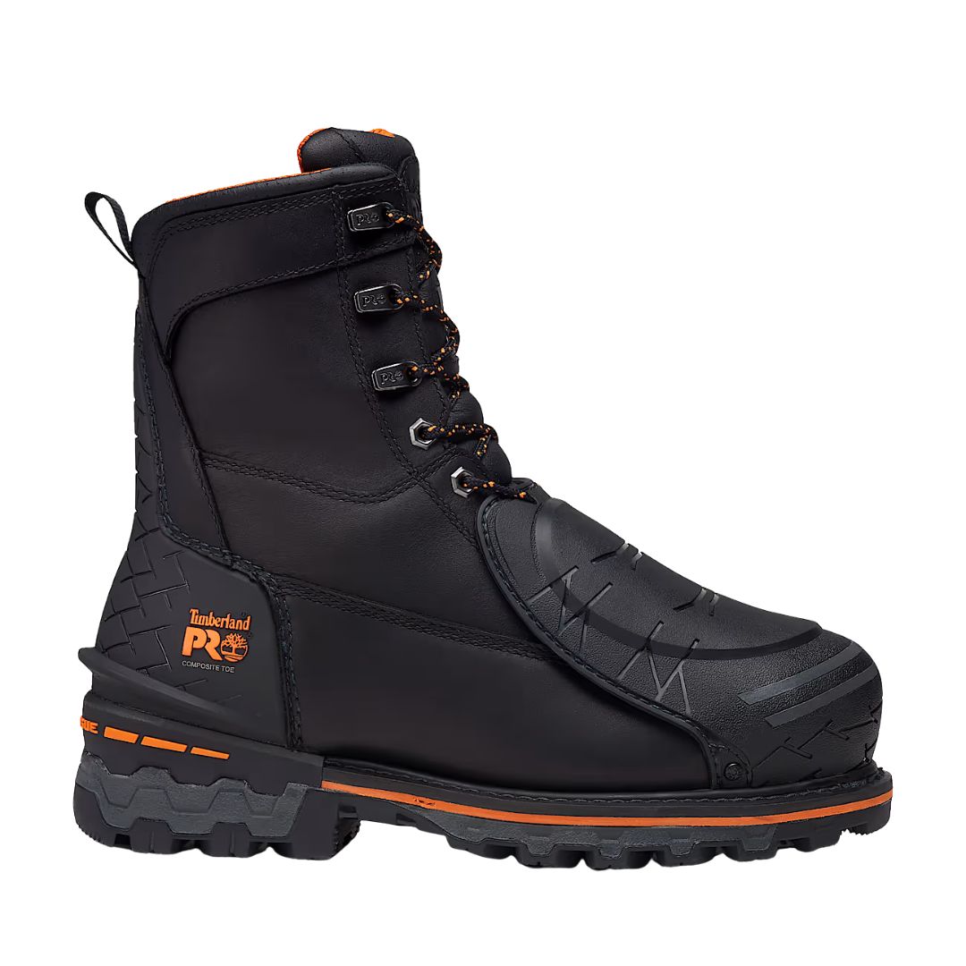 La BOTTE DE SÉCURITÉ 8" BOONDOCK EMG CT FP INS CSA 200G est une botte de travail noire avec des accents orange, une bande de roulement robuste, un bout renforcé et des lacets durables, offrant une protection robuste et du confort.