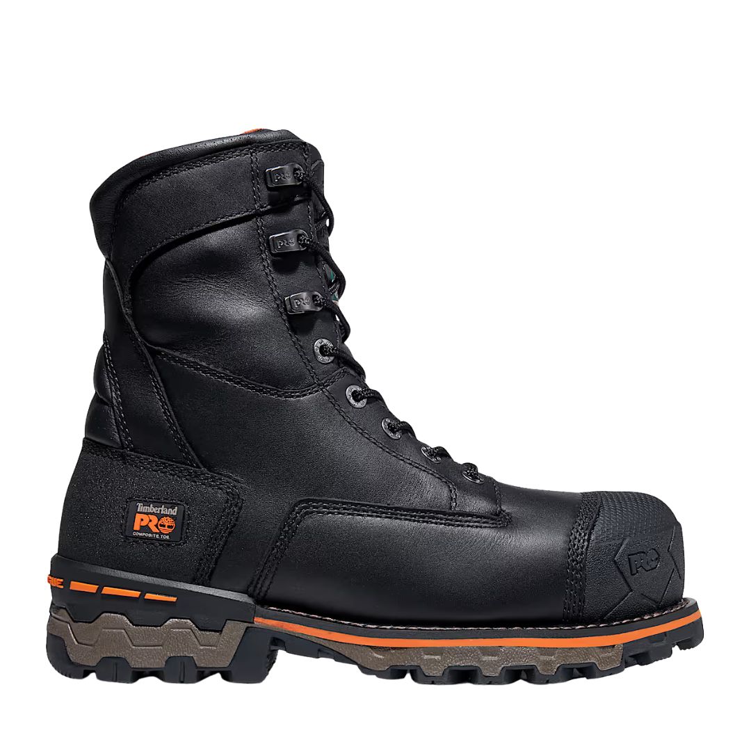 La 8 IN BOONDOCK CT FP CSA est une botte de travail à tige haute en cuir noir avec des accents orange et gris, un bout renforcé, une semelle robuste, des œillets métalliques et le logo Timberland PRO sur le côté.