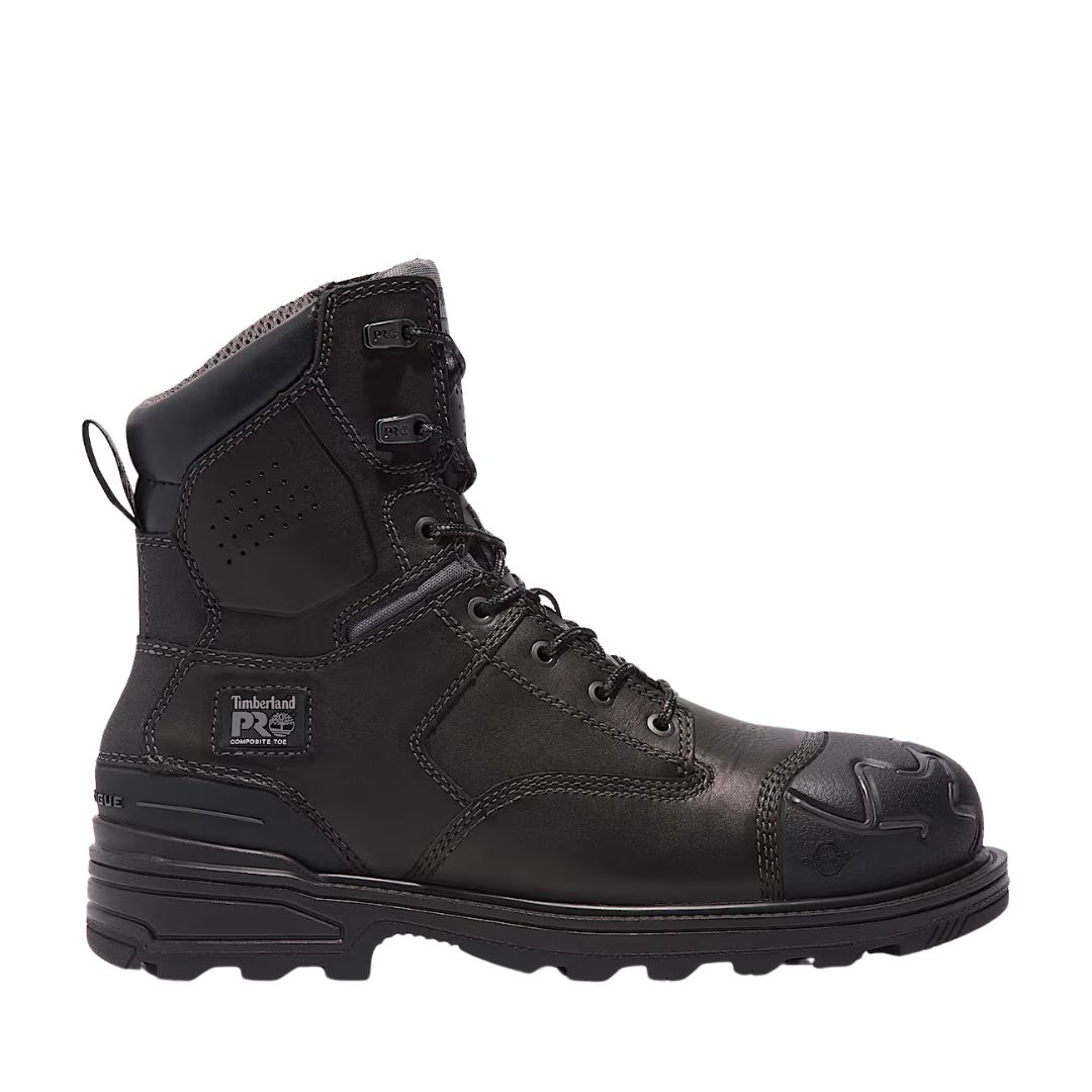 Une botte de travail Timberland PRO noire avec bout renforcé, semelle robuste, support de cheville et conception à lacets, vue de côté sur fond blanc.