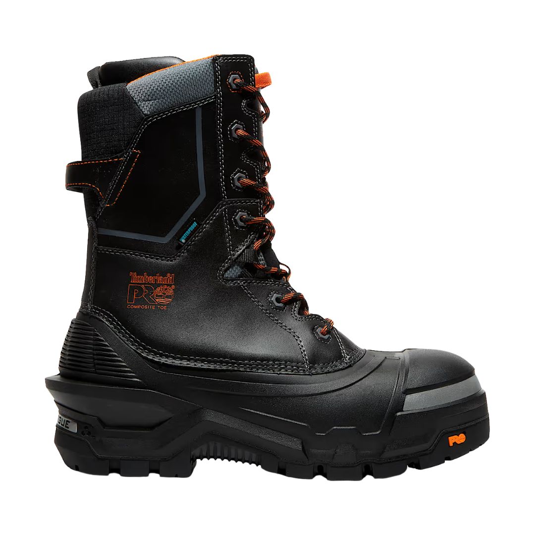 Une botte de travail Timberland PRO noire avec des accents orange, un soutien élevé de la cheville, une semelle robuste et un bout renforcé, conçue pour une protection et une durabilité robustes.