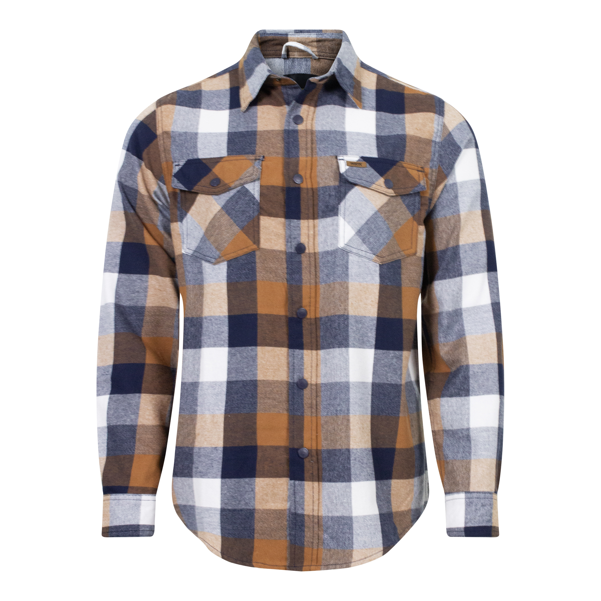 CHEMISE à manches longues et boutonnée, à carreaux bleus, marron et blancs, avec deux poches poitrine boutonnées.