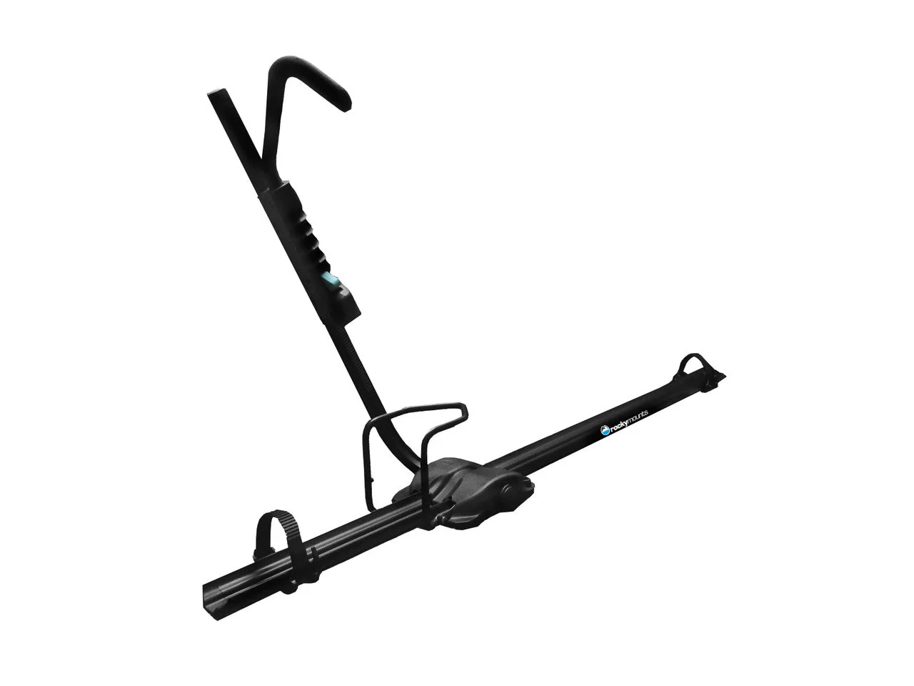 Le TOMAHAWK est une galerie de toit noire pour vélo au design épuré et minimaliste, dotée d'un bras vertical pour fixer le cadre du vélo, d'un plateau pour les roues et de sangles réglables pour maintenir les roues en place.