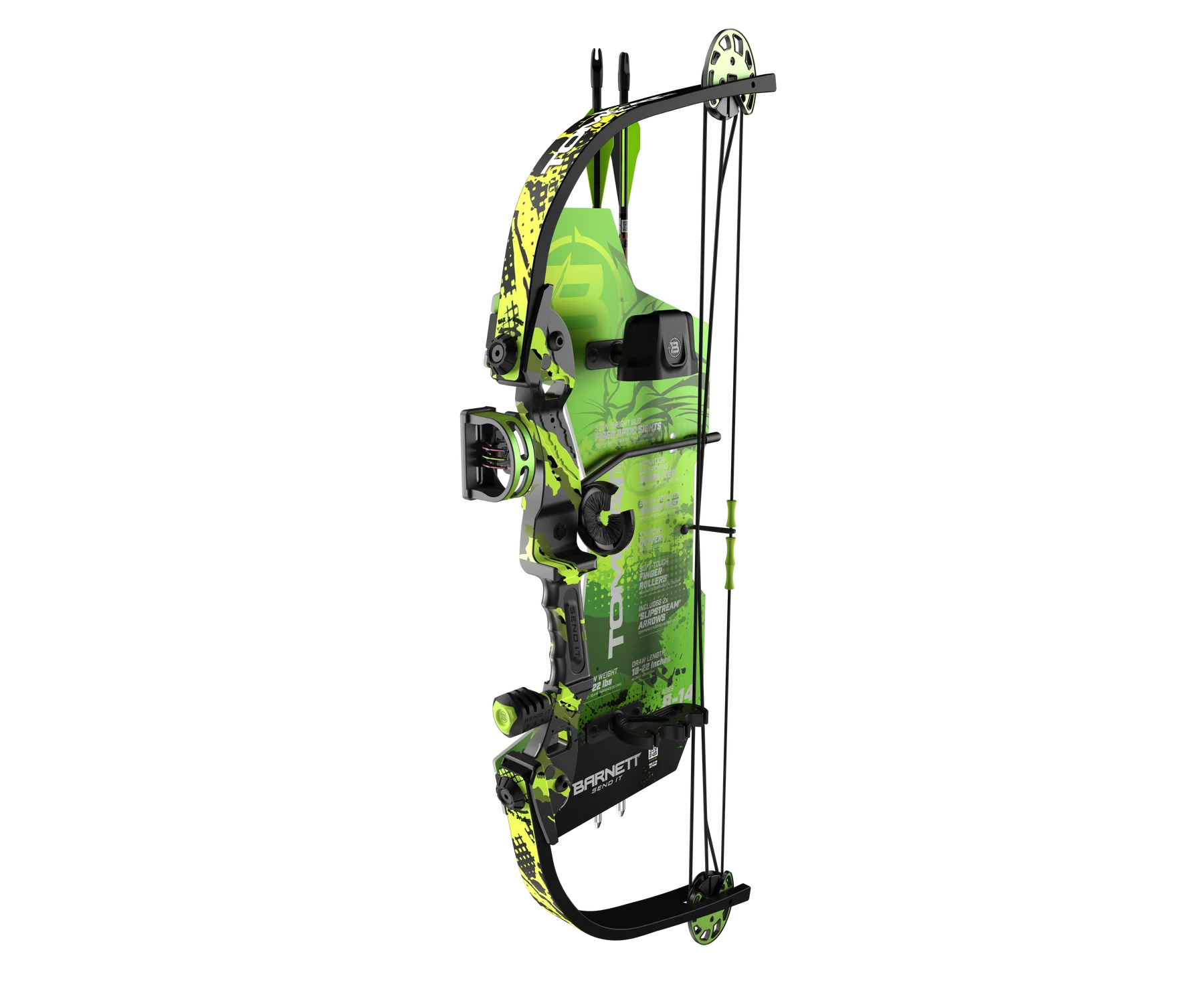 Le TOMCAT 2 GREEN ENSEMBLE ARC JUNIOR est un arc à poulies élégant avec un design noir et vert vif, de multiples poulies et des cordes, présenté de côté sur un fond noir.