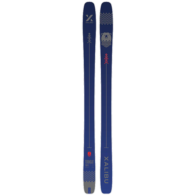 Une paire de skis TORNGAT bleus avec des motifs géométriques, une petite icône d'ours et les mots "Torngat 95" et "TORNGAT" sur l'extrados.