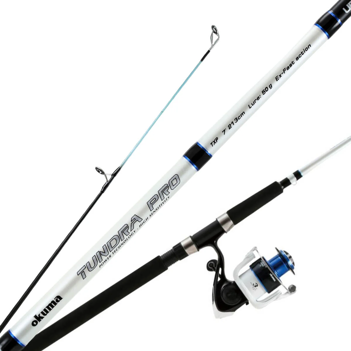 Une canne à pêche blanche et noire étiquetée « Tundra Pro » avec un moulinet à tambour attaché, présentée sous plusieurs angles sur un fond blanc.