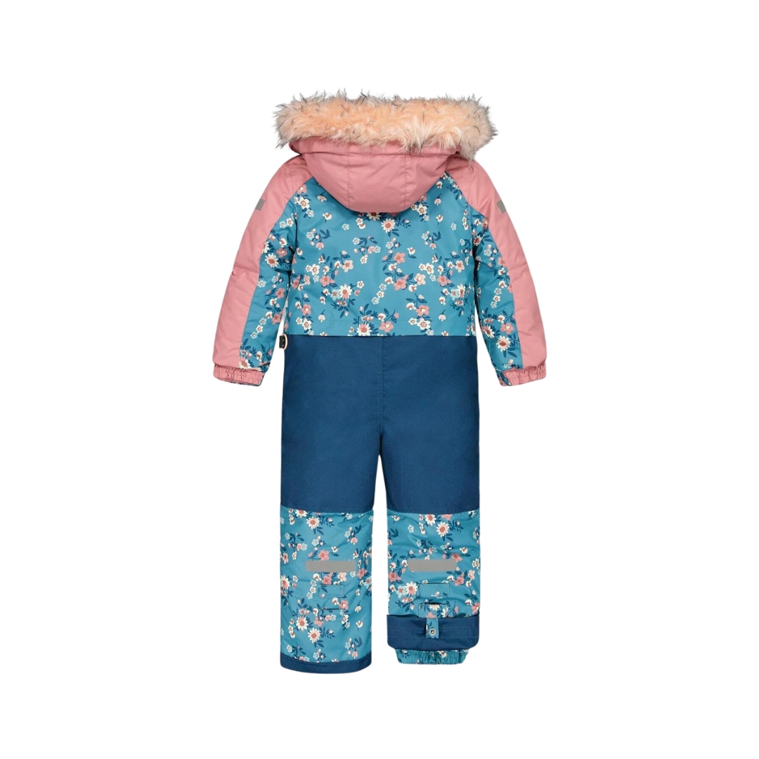 ENSEMBLE DE NEIGE UNE PIÈCE DEUX PAR DEUX PLAY POUR FILLE couleur PRINTED SMALL BOUQUETS vu de l'ensemble bleu ciel, rose pale et bleu marin avec imprimé de petites fleurs de face avec le cache cou rose de dos