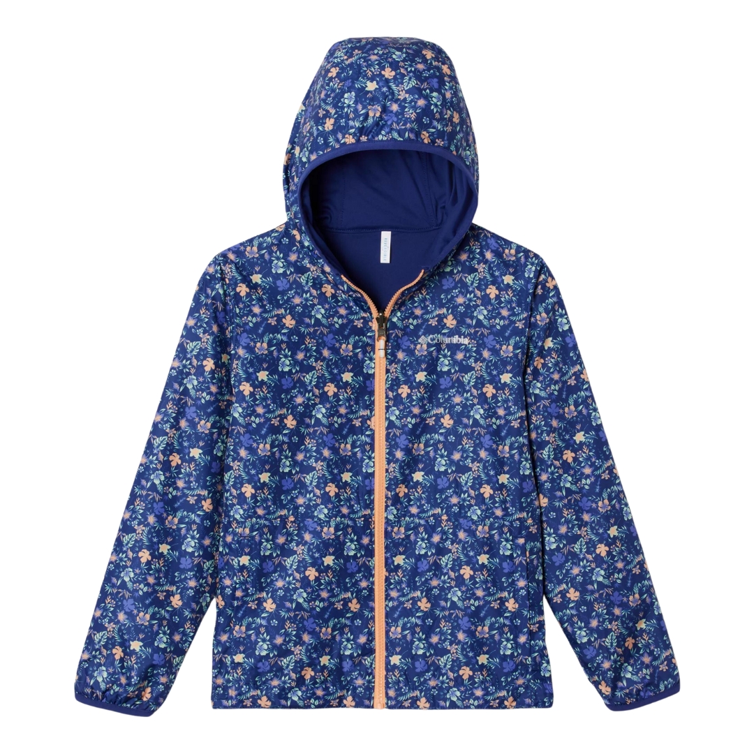 MANTEAU RÉVERSIBLE COLUMBIA PIXEL GRABBER POUR ENFANT DARK SAPPHIRE MINI-BISCUS VUE DE FACE AVEC CAPUCHON DÉPLOYÉ. IMPRIMÉ FLORAL SUR FOND MARINE AVEC LOGO COLUMBIA À L'EXTÉRIEUR. FOND MARINE SIMPLE À L'INTERIEUR. FERMETURE ÉCLAIR ORANGÉE ET DÉTAILS RÉFLÉCHISSANTS