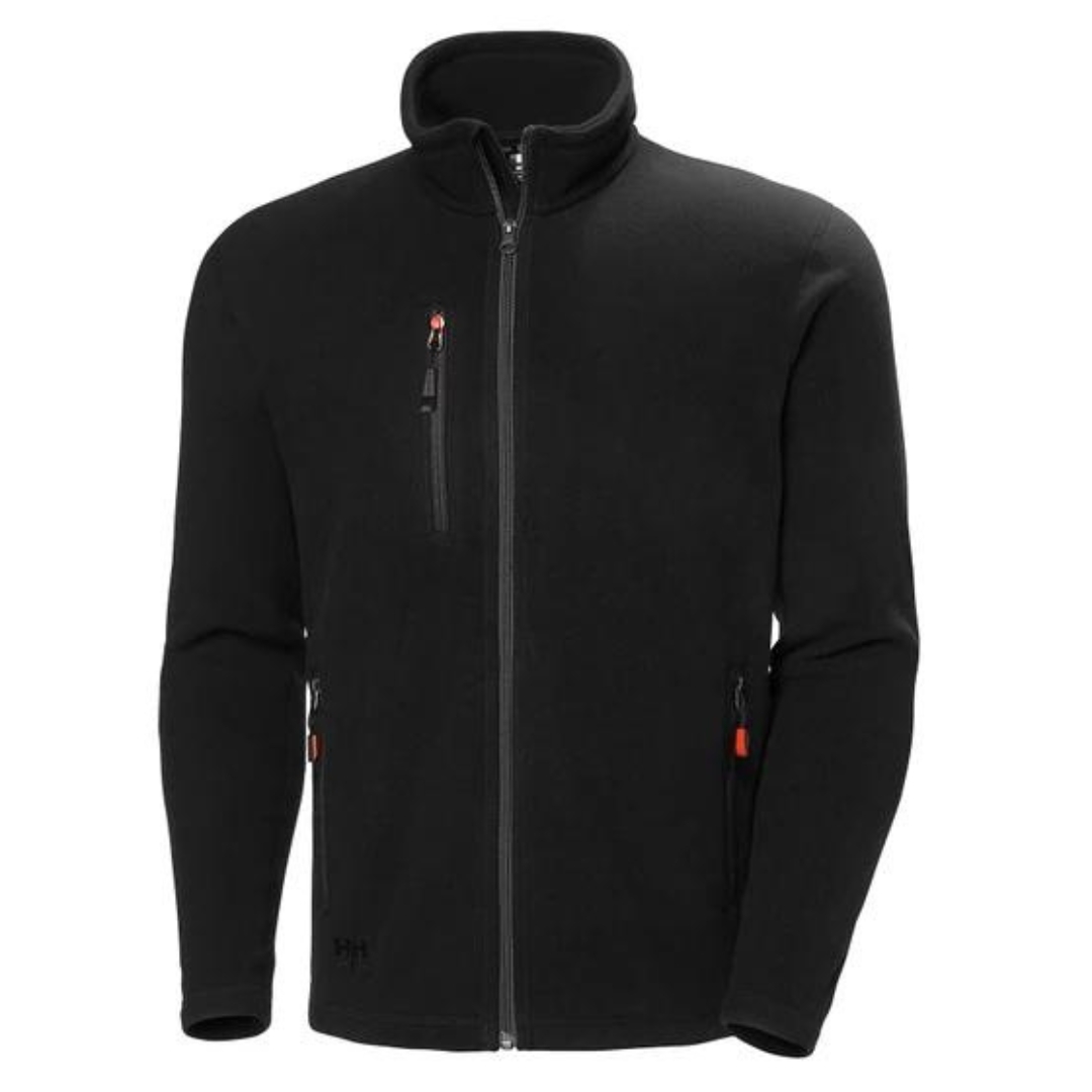 VESTE EN LAINE POLAIRE HELLY HANSEN WORKWEAR OXFORD couleur black vue de face poches latérales et de poitrine à fermeture éclair a détails orangés col double épaisseurs visible, logo hh au bas droit de la veste noire