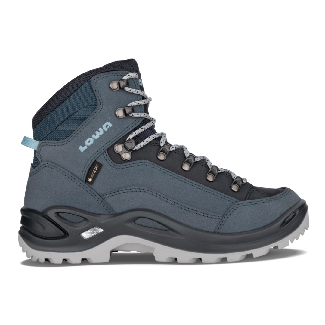 BOTTE DE RANDONNÉE LOWA RENEGADE GTX MID POUR FEMME couleur smoke blue vue de la botte droite de couleur bleue et grise de profil droit