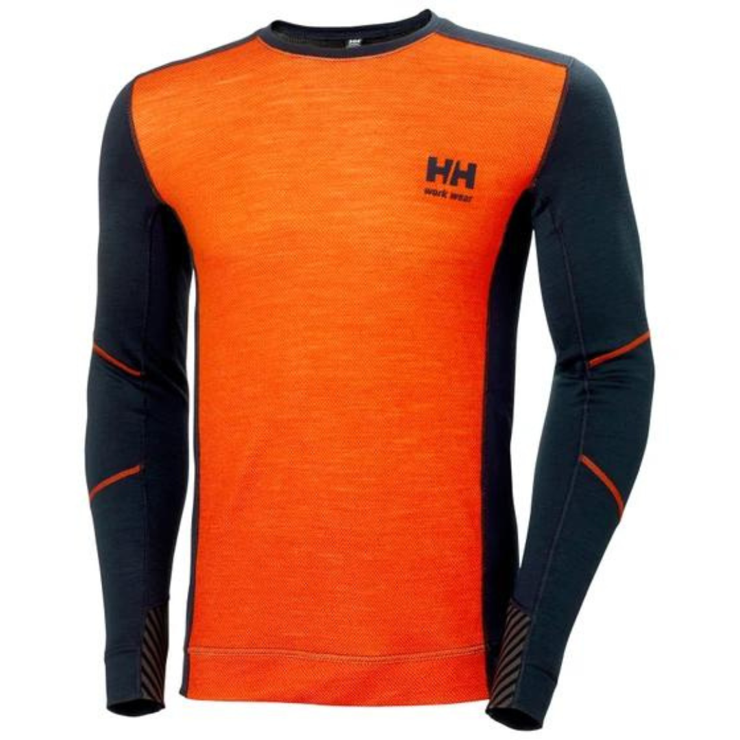 HAUT COUCHE DE BASE EN MÉRINO HELLY HANSEN WORKWEAR LIFA COL ROND couleur dark orange/black vu de face corps du chandail orange manche, épaules coté et arrière noir logo hh workwear à la poitrine gauche imprimé en noir