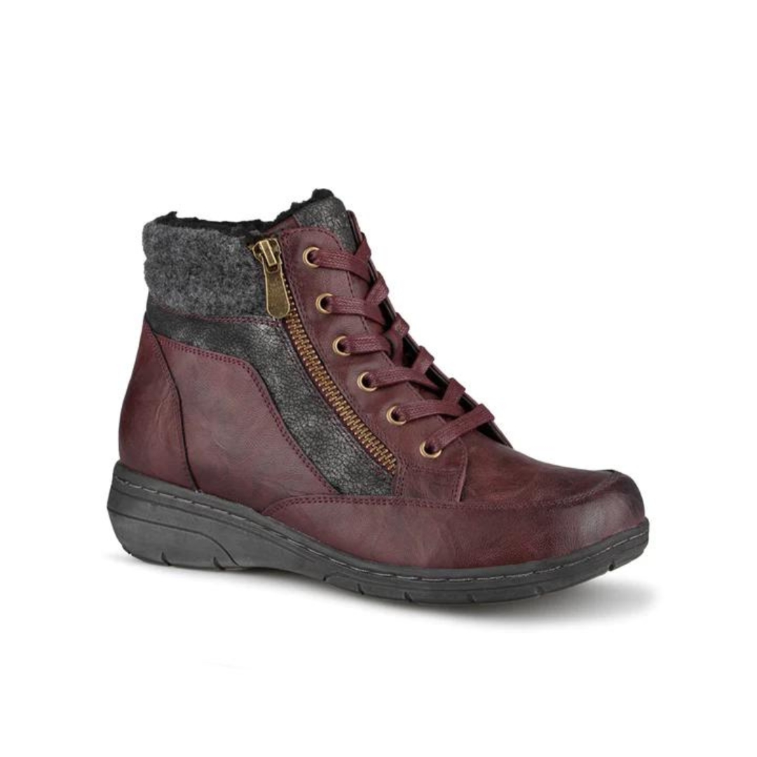 BOTTE D'HIVER LACÉE ULTIME CONFORT HIVERNO POUR FEMME couleur bordeaux vu de la botte rouge vin, grise et noire de profil avant droit