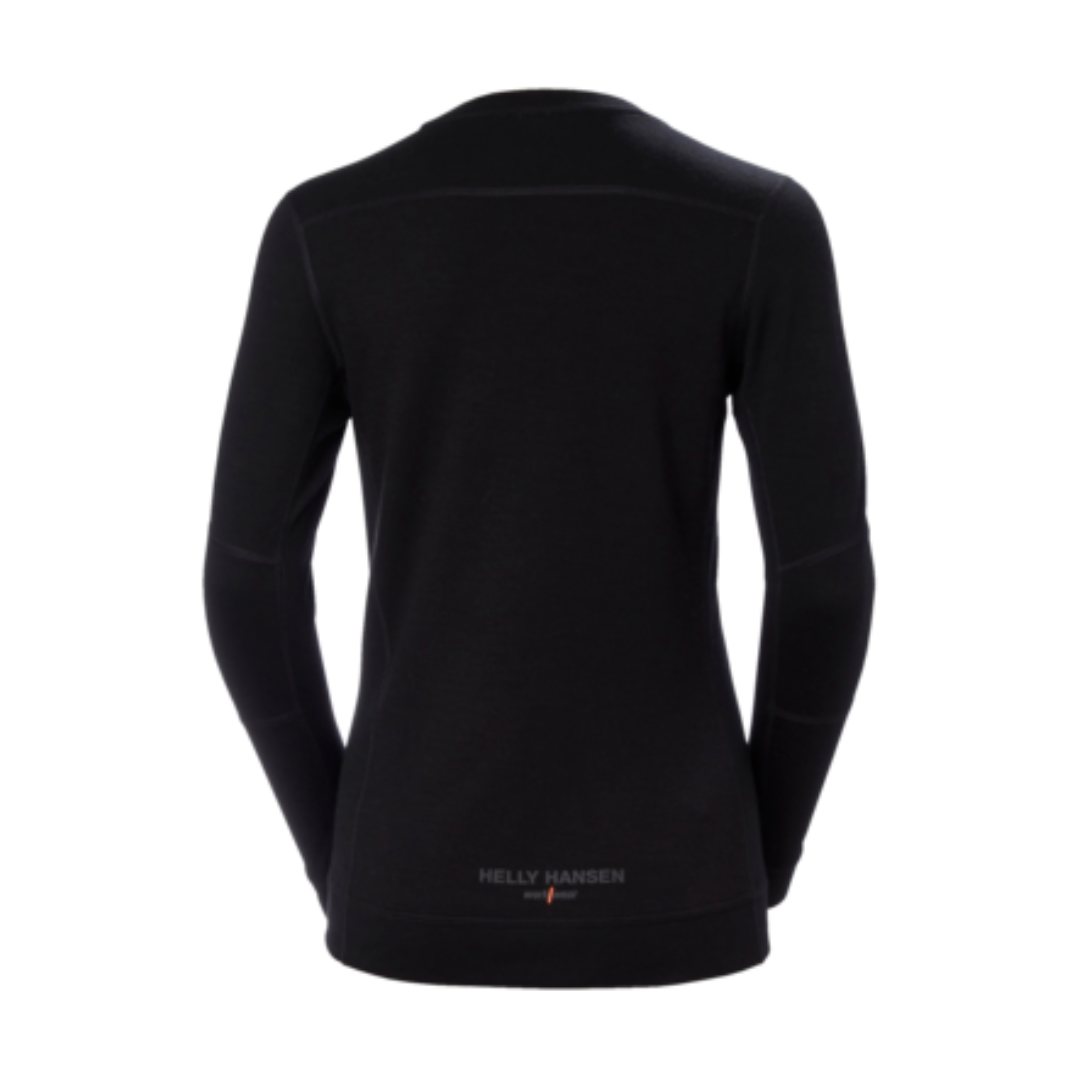 HAUT COUCHE DE BASE EN MÉRINO HELLY HANSEN WORKWEAR LIFA À COL ROND POUR FEMME COULEUR BLACK VU DE DOS NOM HELLY HANSEN WORKWEAR VISIBLE AU BAS CENTAL DU CHANDAIL