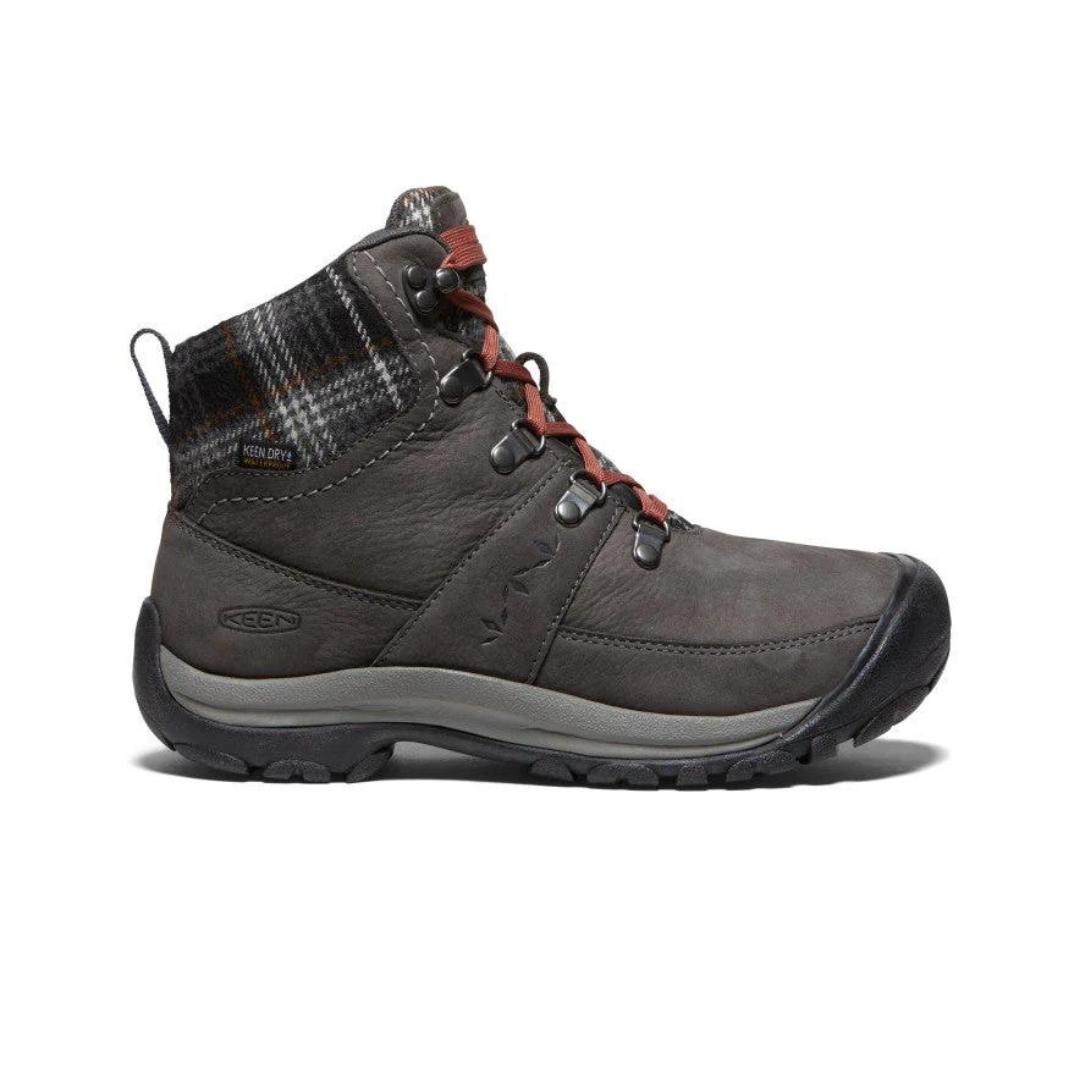 BOTTE D'HIVER IMPERMÉABLE KEEN KACI III WINTER MID POUR FEMME couleur MAGNET/BLACK PAID vue de la botte grise/brune avec lacet rouge et haut de la tige à carreaux vue de profil droit