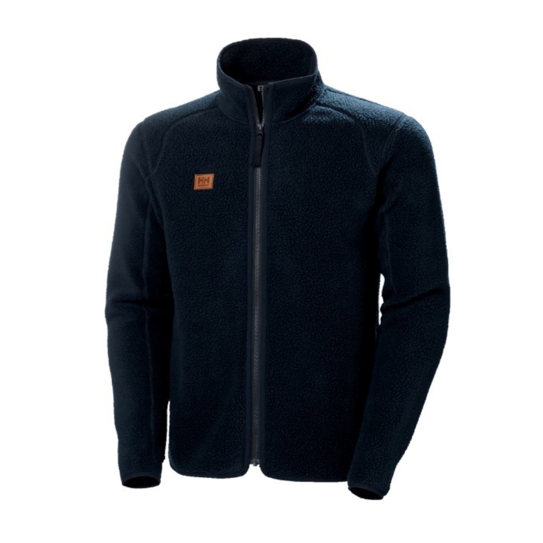 VESTE EN LAINE POLAIRE HELLY HANSEN WORKWEAR HERITAGE PILE couleur navy vue de face fermeture éclaire ykk pleine longueur écusson en cuir avec logo hh poitrine droite passes pouces