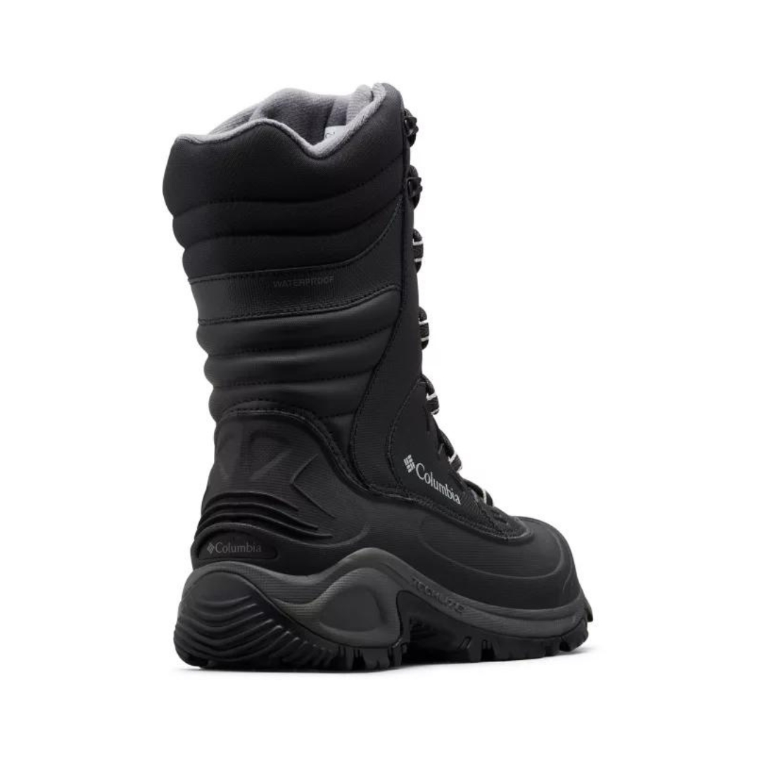 BOTTE D'HIVER ISOLÉE COLUMBIA BUGABOOT III XTM POUR HOMME couleur blakc/columbia grey vu de la botte droite de couleur noire avec détails gris de profil arrière droit