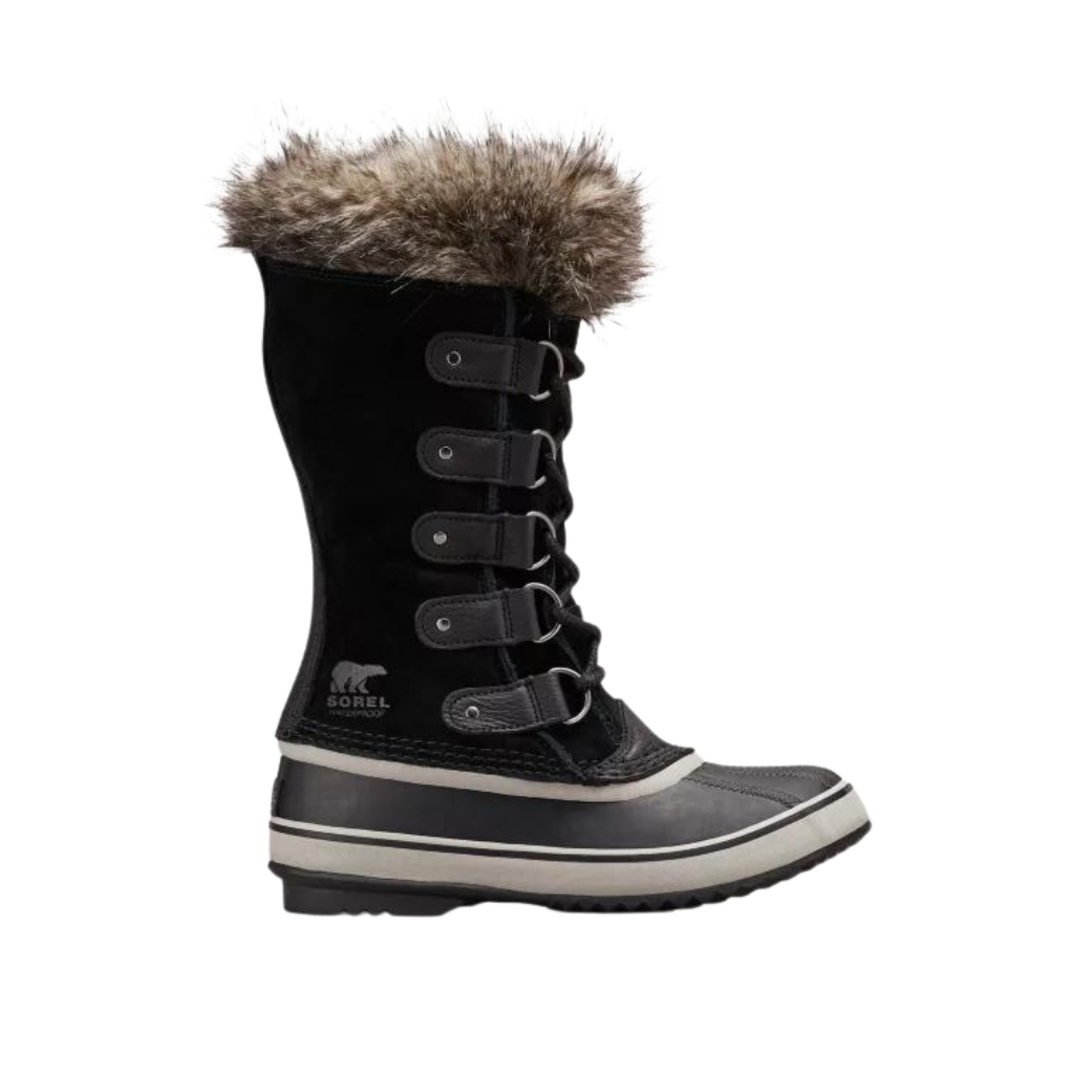 BOTTE D'HIVER SOREL JOAN OF ARCTIC POUR FEMME couleur 010-BLACK/QUARRY vue de la botte droite de couleur noire et grise de profil droit