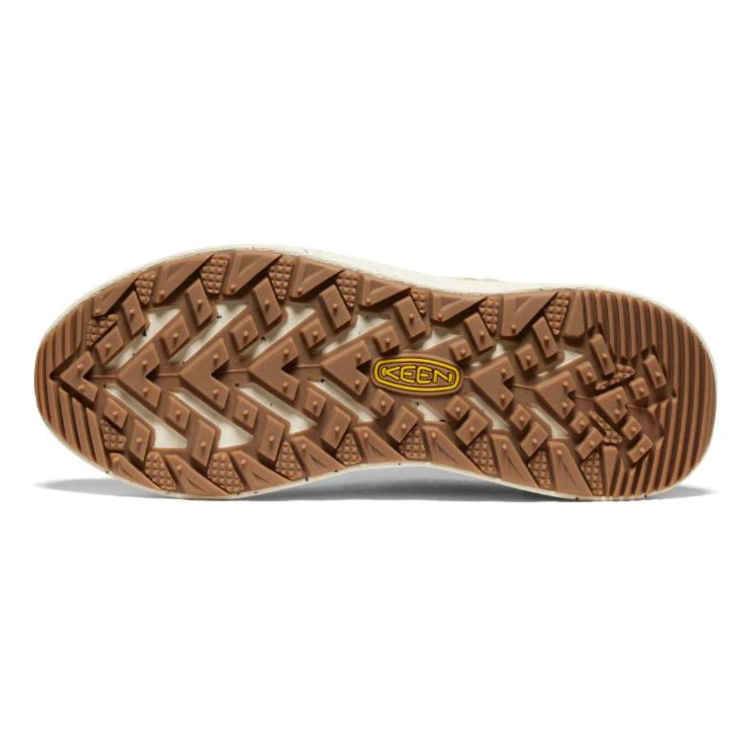 CHAUSSURE DE MARCHE KEEN WK400 CUIR POUR FEMME COULEUR SAFARI/BIRCH VUE DE LA SEMELLE D'USURE COULEUR GUM